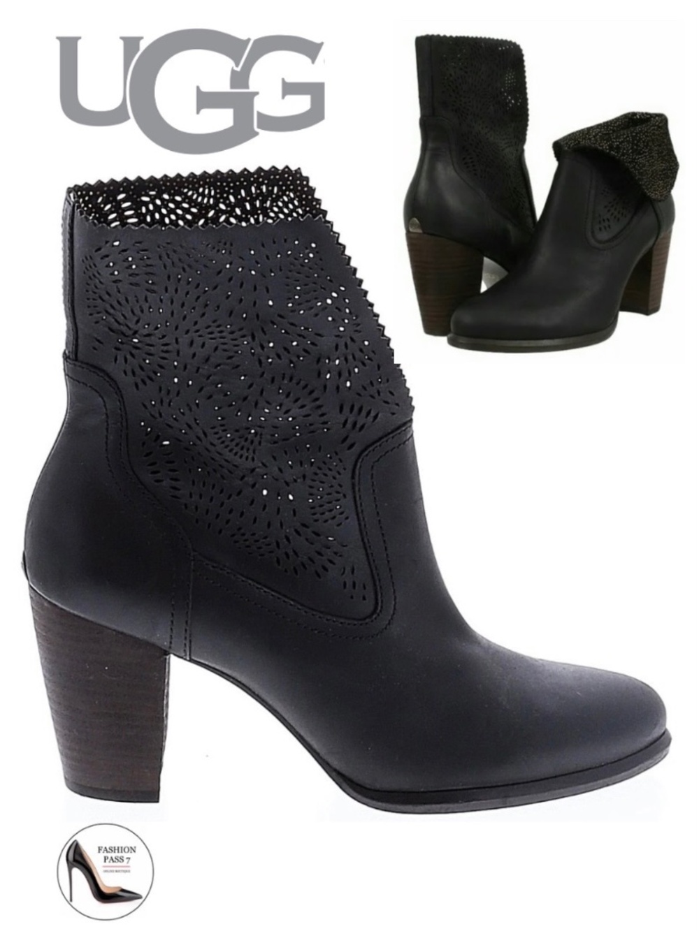 UGG Thames Women's Seaweed Perforated Black leather Booties Boho Ankle Boots 7